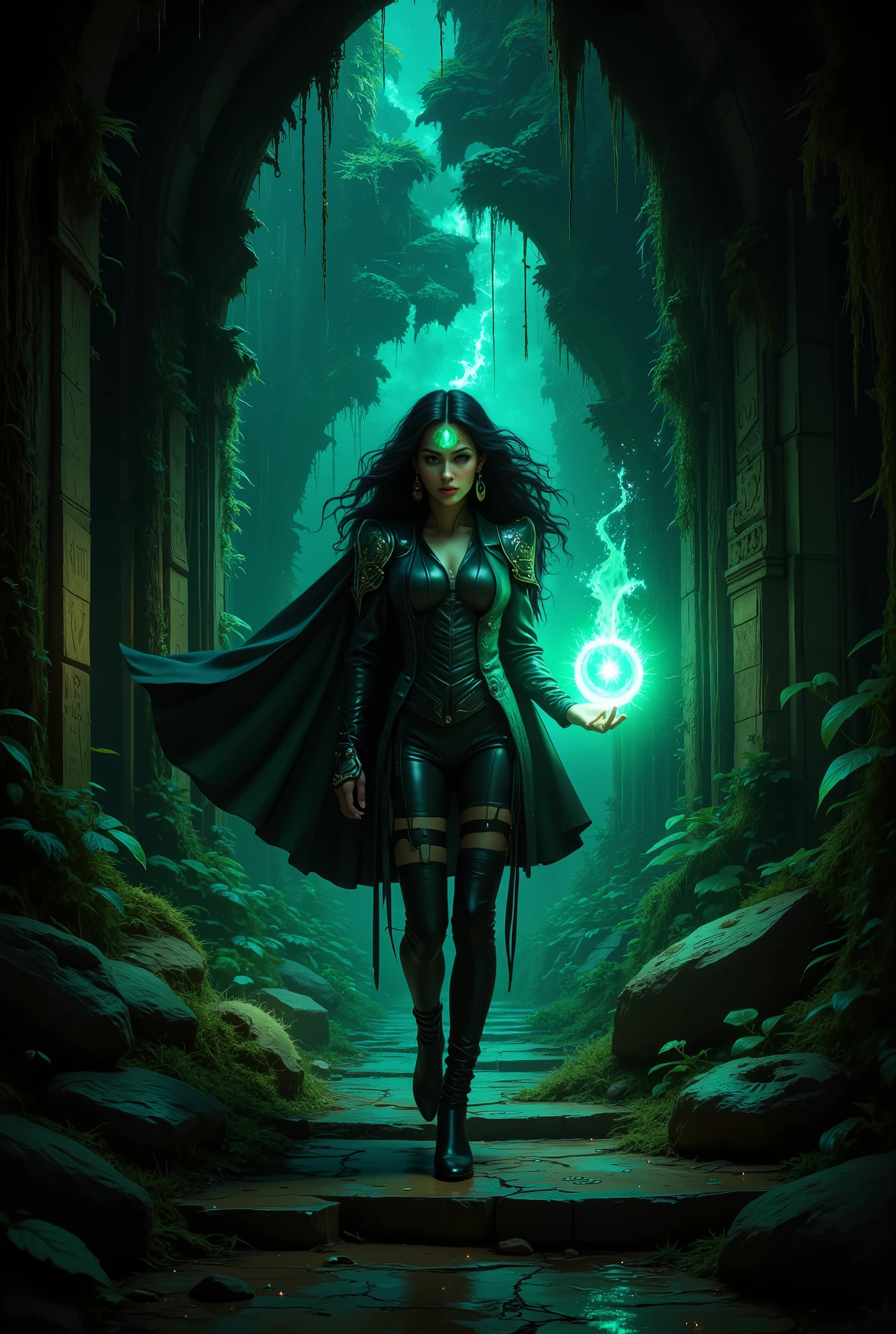 their contours are changeable and smooth, masterpiece, Highest quality, 8k resolution. girl (20-25 years old , Slavic appearance, pale skin with a barely visible green crack on her left cheek, sparkling inner light), faces with long ones, with curly black hair, decorated with a crescent-shaped silver barrette. Her eyes are the deep, The expressive emerald green color. She is dressed in full black leather suit with white inserts on the shoulders and hips, that emphasizes her figure . symbols In her left hand, she holds a blue-blue flame, illuminating the way through a labyrinth of mossy stones and exotic plants. There is an earring in the shape of a drop of blood on the right ear, ruby. Pose — dynamic, , the body is slightly tilted forward, the eye is directed deep into the labyrinth. Ancient runes are engraved on the stones and, glowing with dim light. Room — dark, deep rich black, contrasting with the bright colors of the flame and the green crack on the girl's face. Lighting — dramatic, is focused on the girl and her hand, creating a feeling of mystery and magic. Atmosphere — mysterious, hair mystical , full of magic and magic. Perspective — slightly low, focus on details . Textures — rough the texture of the stone, smooth costume skin, soft moss. The background is dark , Deep space , , visible through the gaps in the labyrinth.
