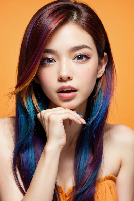 ((Highest quality, 8k, Tabletop:1.3, 1 girl, beautiful girl)), cute, dynamism, Detailed face, Detailed skin, Detailed eyes, Detailed lips, Detailed fingers, Mouth details, Detailed teeth, Detailed tongue, Realistic, RAW Photos, Natural light, Perfect Anatomy, High resolution, ((Colorful liquid on naked body:1.2)), Colorful body, Colorful background, Rainbow Hair, Thighs, Side bust,Tall and slender beauty