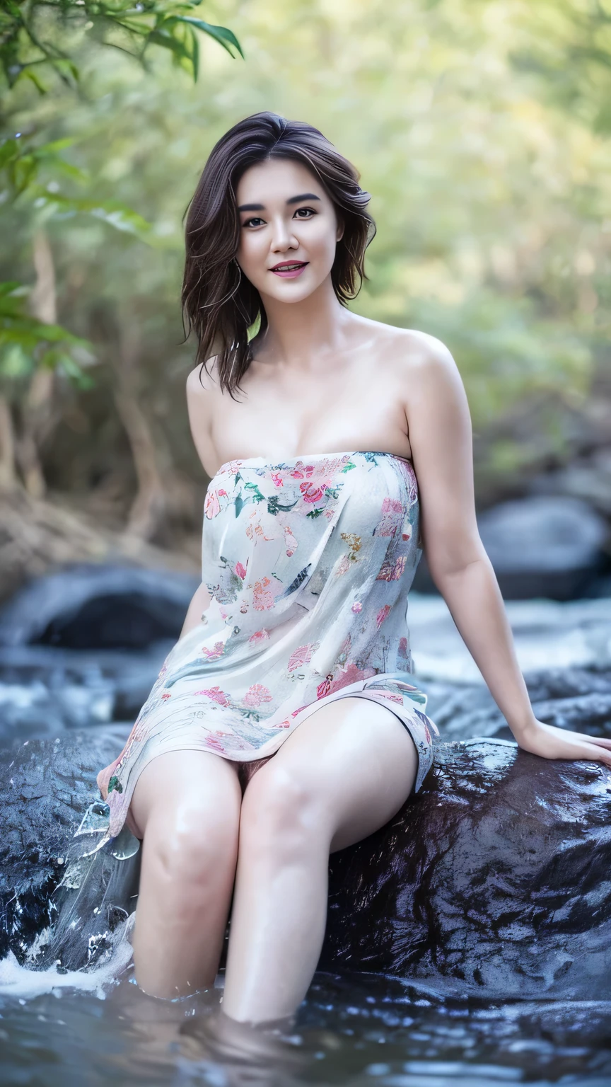 Cute Pakistani girl wearing sarong dress with seducing pose, big smile, laughing, happy, big front teeth, bustling, ((whole body)) turning away facial at viewer, closeup, heavy mountains, misty, fog, woman standing in the waterfall, wet body, wet clothes, wet skin, beauty skin, huge breast, nipple erected detailed, dark hairy pussy, thick thighs bright lighting, big round ass, cute face, slim abs, 35mm lens, Extreme close-up, depth of field cinematography effect, romantic film genre, 8k resolution, high quality, ultra detail,