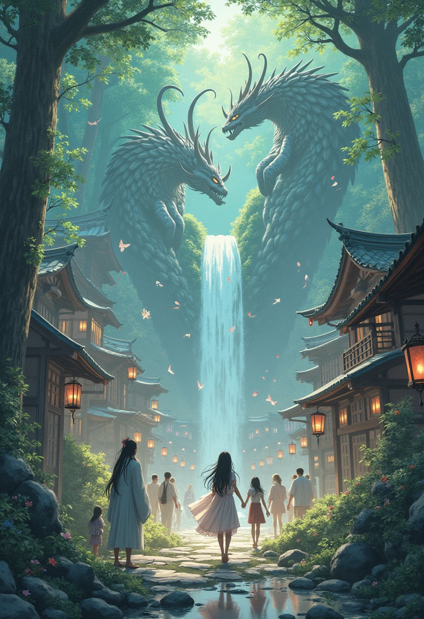 Create an anime village where harmony reigns between demons and humans.
