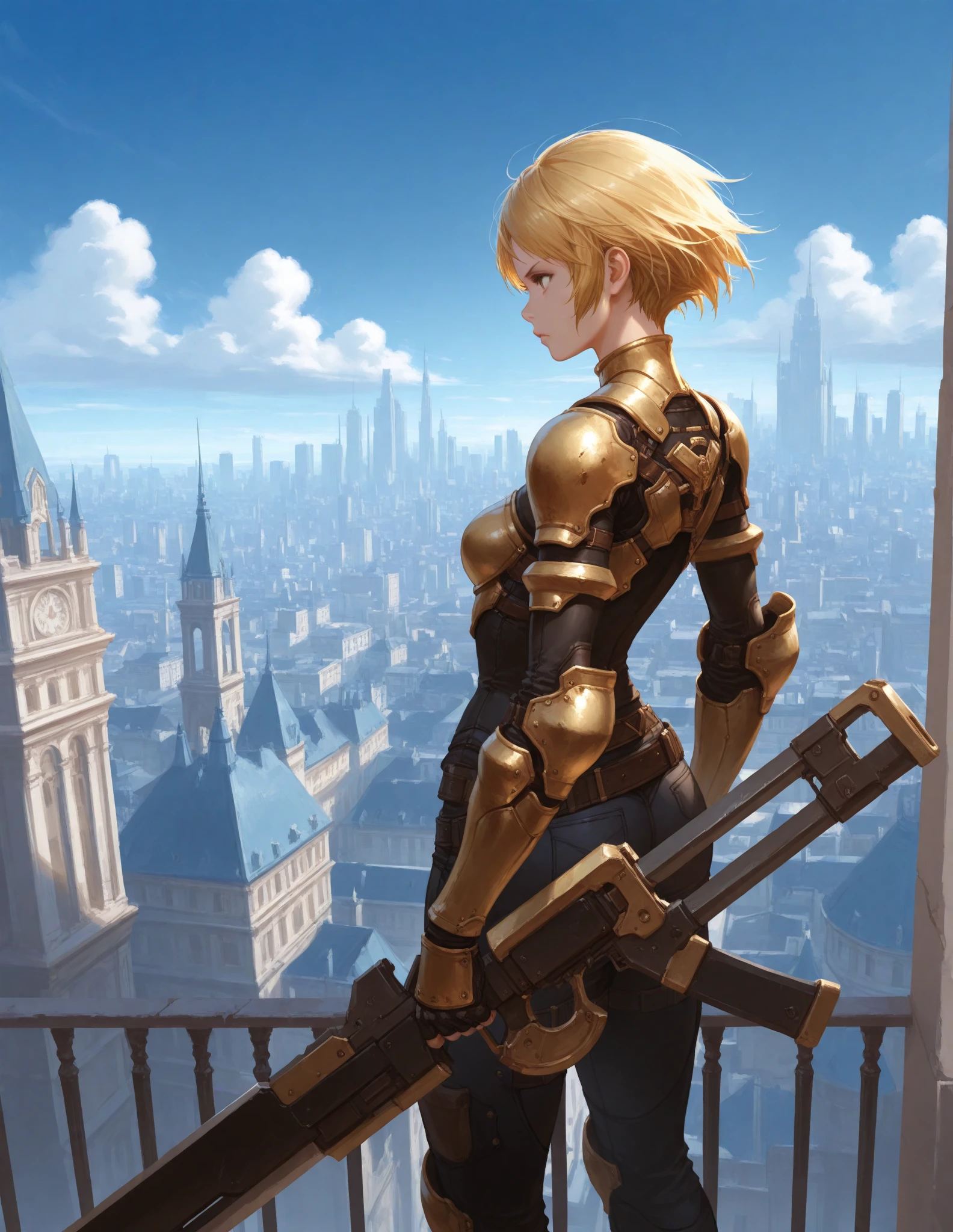 1 girl,strong,tall,weapons,golden hair,short hair, old cityscape ,blue sky