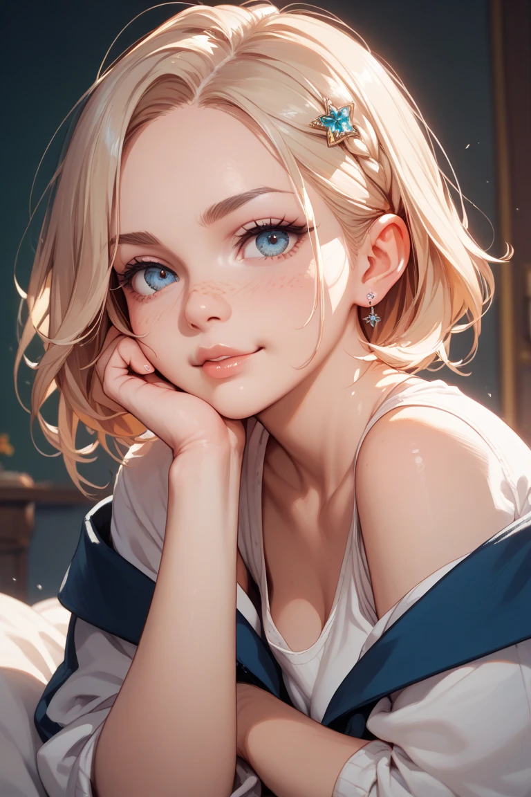 An image of a high school girl making peace with both hands while making an ugly face