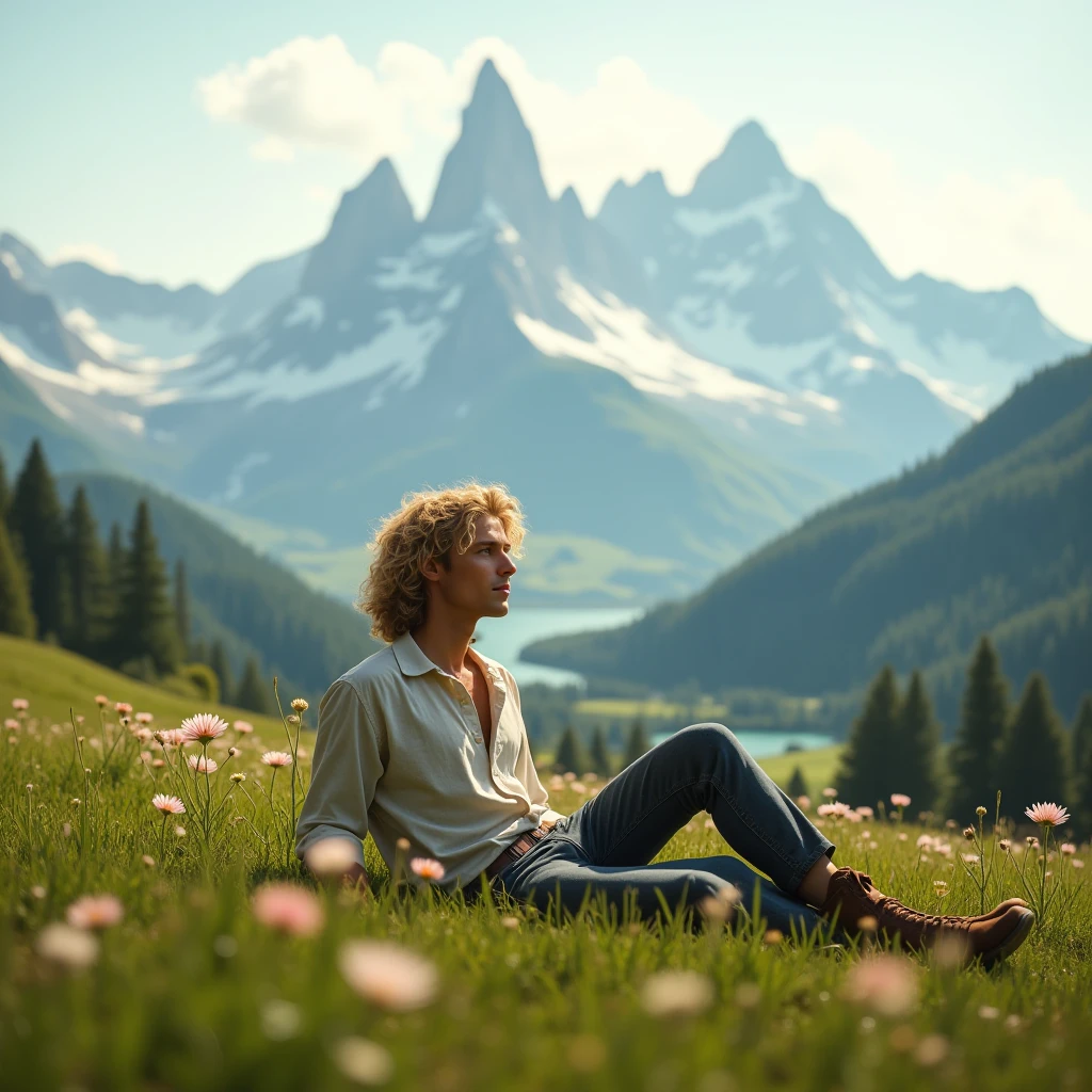 Blond young man sitting on the fields in the alps
