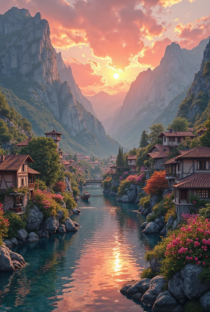 a small village by the river, mountains in the background, floral flowers colorful, detailed landscape, Beautiful natural landscapes, atmospheric lighting, scorching sunset, warm colours, practical, photopractical, Detailed Foliage, complex buildings, cobblestone street, Charming country house, swirly vibrant colors, lush vegetation, Still water reflections, Picturesque, idyllic, work of art, best qualityer, 8k, extremely detaild,anime styling