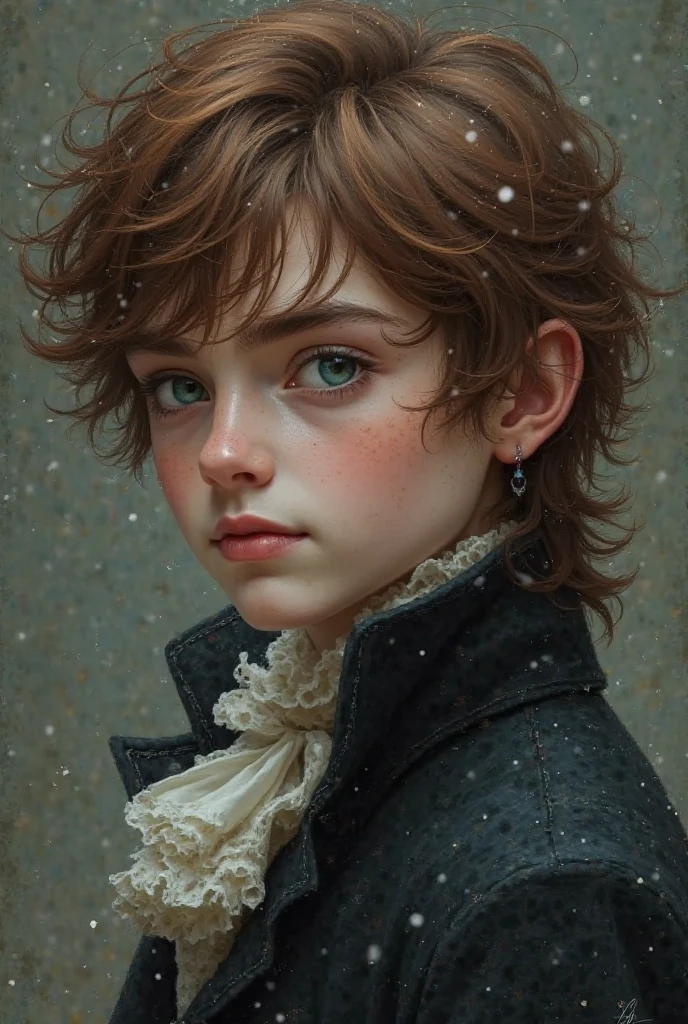 The color of his eyes is bluish-green 
His eyes are wide and prominent
His hair is brown and long, similar to that of the Victorian era

His body is athletic 
His skin is as white as snow 
His brother is red
