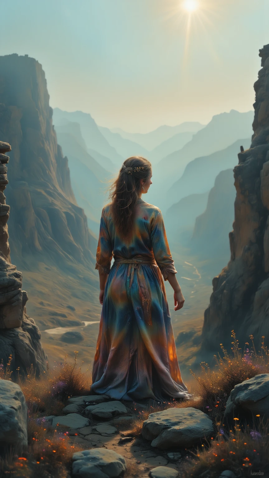 (The world changes, and so does the view you see,
 When you change yourself, everything is beautiful),
(4k, 4k画質, 超高画質, 超細部, 非常に正確, リアリズム:1.4), 神秘的な、現代、1人の女、未来は明るい、遠視、空気遠近法, 