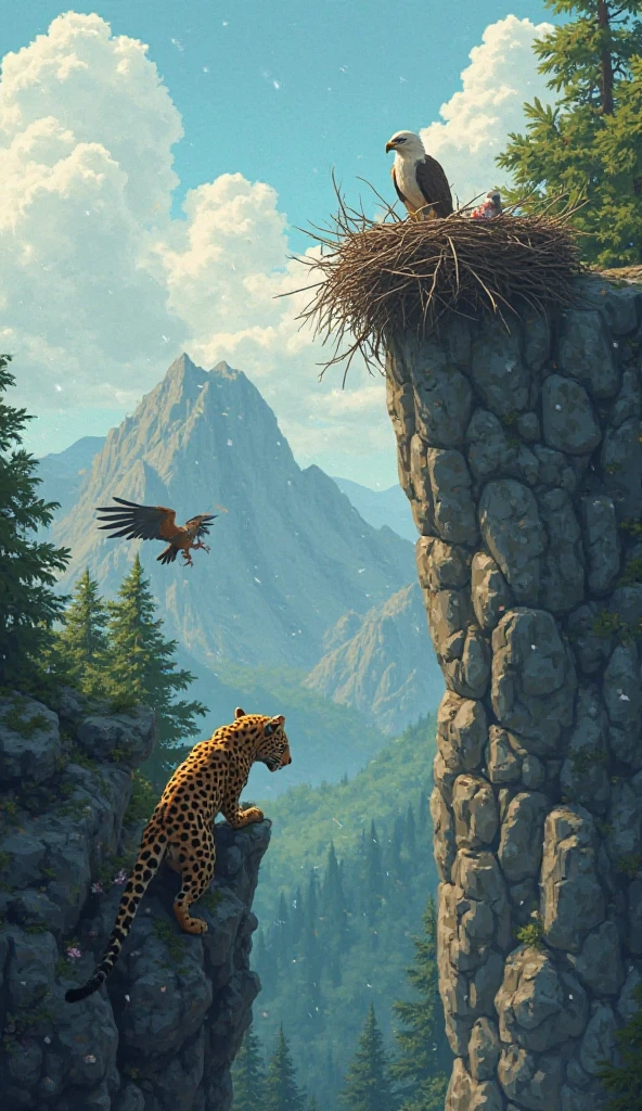 A wide cinematic cartoon-style scene showing the leopard climbing down the rocky cliff in panic, its body slightly turned to glance back. Its fur is scratched from the struggle. The nest is visible above, now empty. Just beside the nest on a flatter part of the cliff, the mother eagle has landed, her wings half-open protectively. Her eyes are fixed on the eaglet, who lies badly injured near the nest with blood on its ????? and wing, breathing weakly. The lighting is softer now, with clouds partially covering the sun. The forest and distant mountain peaks form a dramatic background, giving the whole scene a raw emotional intensity. The camera angle remains about 10 meters away, capturing the helplessness of the moment.