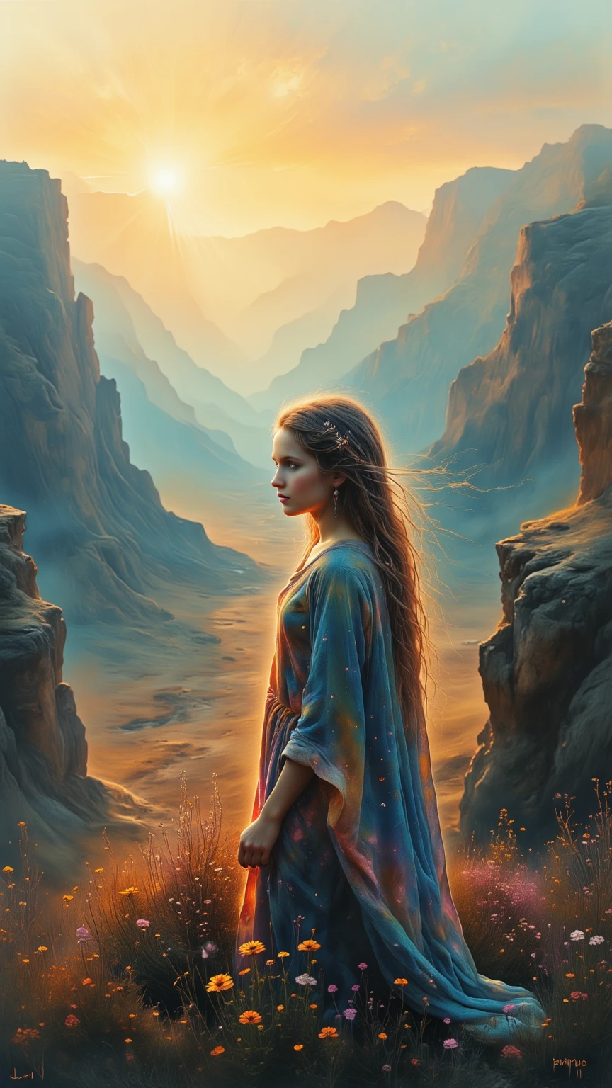 (The world changes, and so does the view you see,
 When you change yourself, everything is beautiful),
(4k, 4k画質, 超高画質, 超細部, 非常に正確, リアリズム:1.4), 神秘的な、現代、1人の女、未来は明るい、遠視、空気遠近法, 