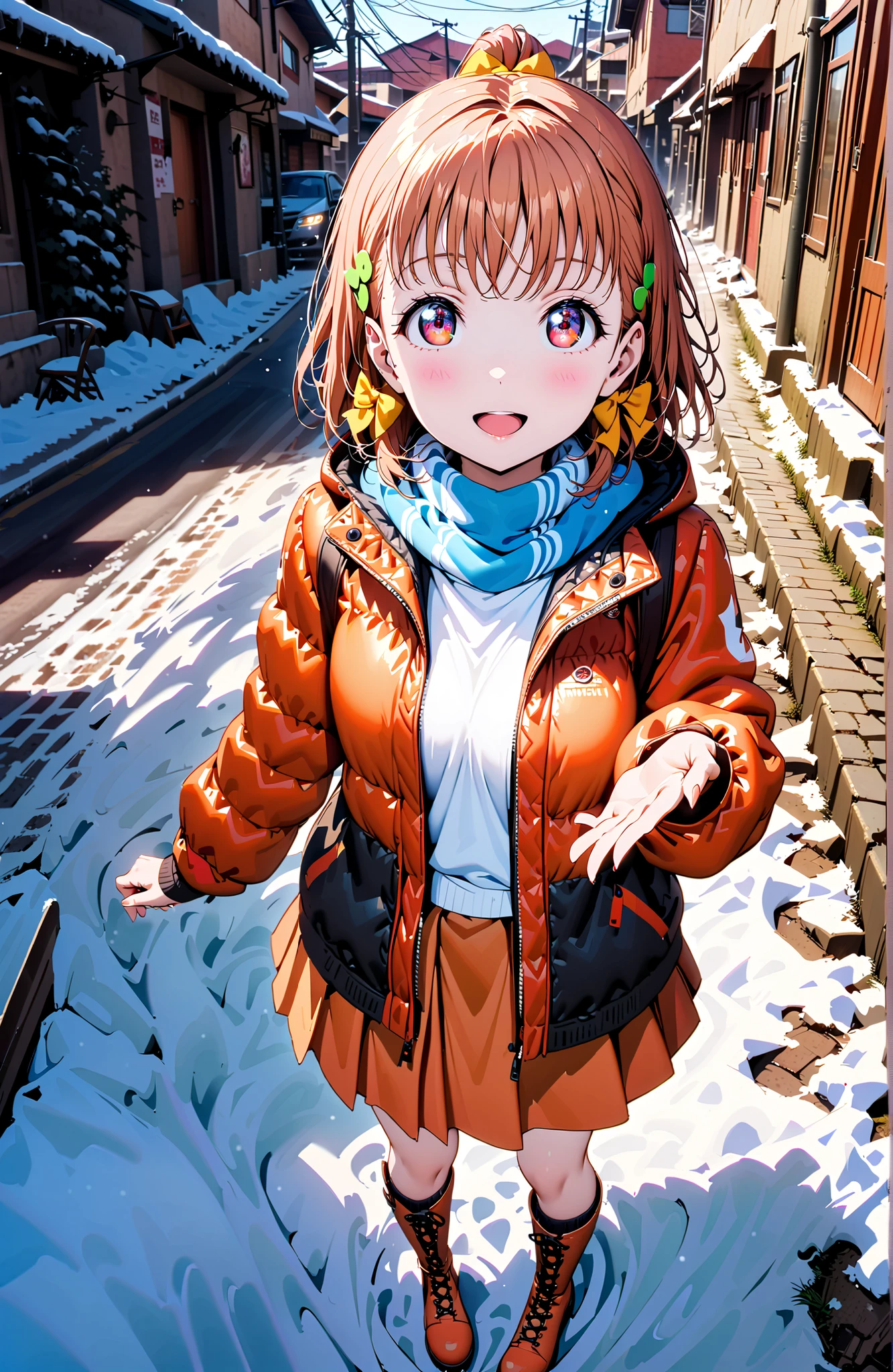 Takami Chika, short hair, Hair Ornament, Red Eyes, stupid hair, smile,blush,open your mouth,half up do,glasses,down jacket with hood,Light blue scarf,turtleneck sweater,orange skirt,boots,snow,winter, Beautiful Streetscapes,evening,is standing,full bodyがイラストに入るように,break outdoors, residential area,
break looking at viewer,full body,
break (masterpiece:1.2),top quality ,Kampala,unity 8k 壁紙,(shape:0.8),( fine, beautiful eyes :1.6),It's a person ,full body写真,CG Details , (perfect hand,Complete Anatomy),