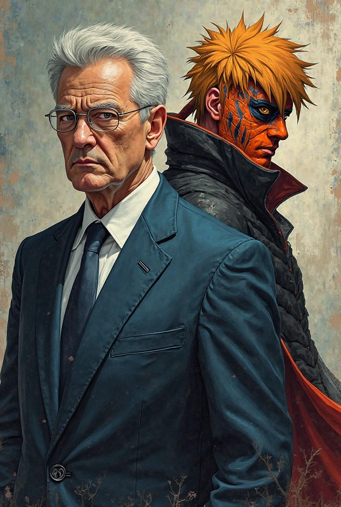 compile a portrait of Petro Poroshenko and an image of a character from the Naruto anime Tobi Madara, anime-style character