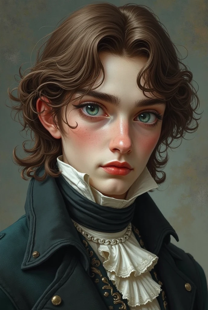 The color of his eyes is bluish-green 
His eyes are wide and prominent
His hair is brown and long, similar to that of the Victorian era

His body is athletic 
His skin is as white as snow 
His brother is red
born 