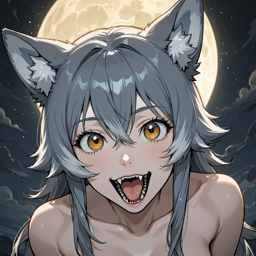 Howling Girl full_nude(Silver Hair 1.3),Very Short Hair,Red Eyes,Wolf ears,Wolf Girl Estrus Nipples nipple nipple full moon Mountain