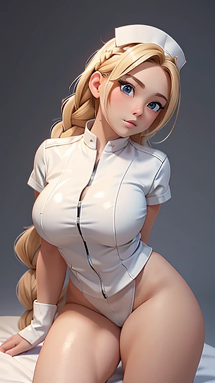 1girl, Blonde braided hair, squatting, dressed in Glossy White Leather, also she's a Nurse, on the battle field. gigantic , full body shot from below, ctmp, abs