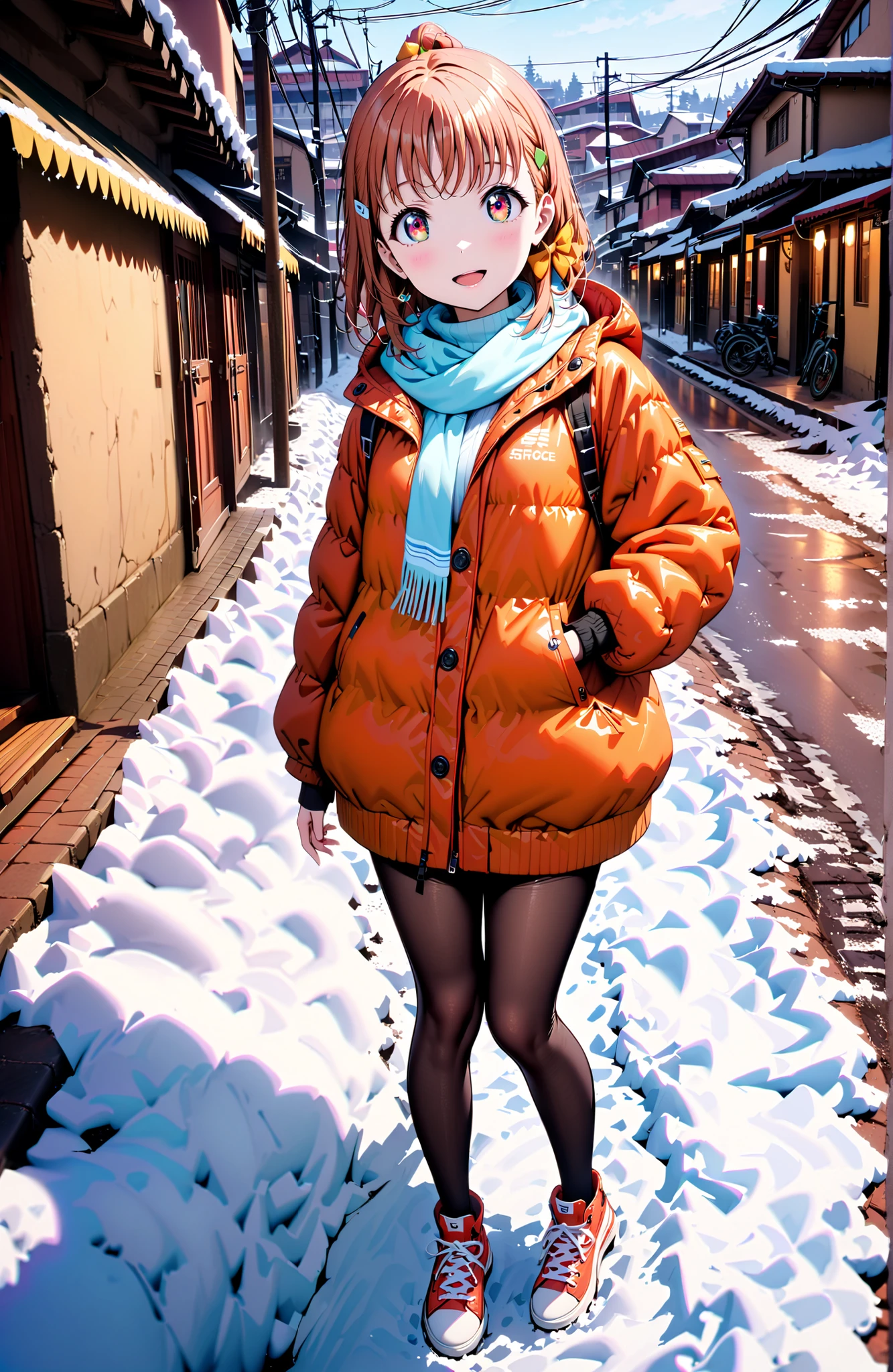 Takami Chika, short hair, Hair Ornament, Red Eyes, stupid hair, smile,blush,open your mouth,half up do,glasses,down jacket with hood,Light blue scarf,turtleneck sweater,orange skirt,Black Pantyhose,sneakers,,snow,winter, Beautiful Streetscapes,evening,is standing,full bodyがイラストに入るように,break outdoors, residential area,
break looking at viewer,full body,
break (masterpiece:1.2),top quality ,Kampala,unity 8k 壁紙,(shape:0.8),( fine, beautiful eyes :1.6),It's a person ,full body写真,CG Details , (perfect hand,Complete Anatomy),