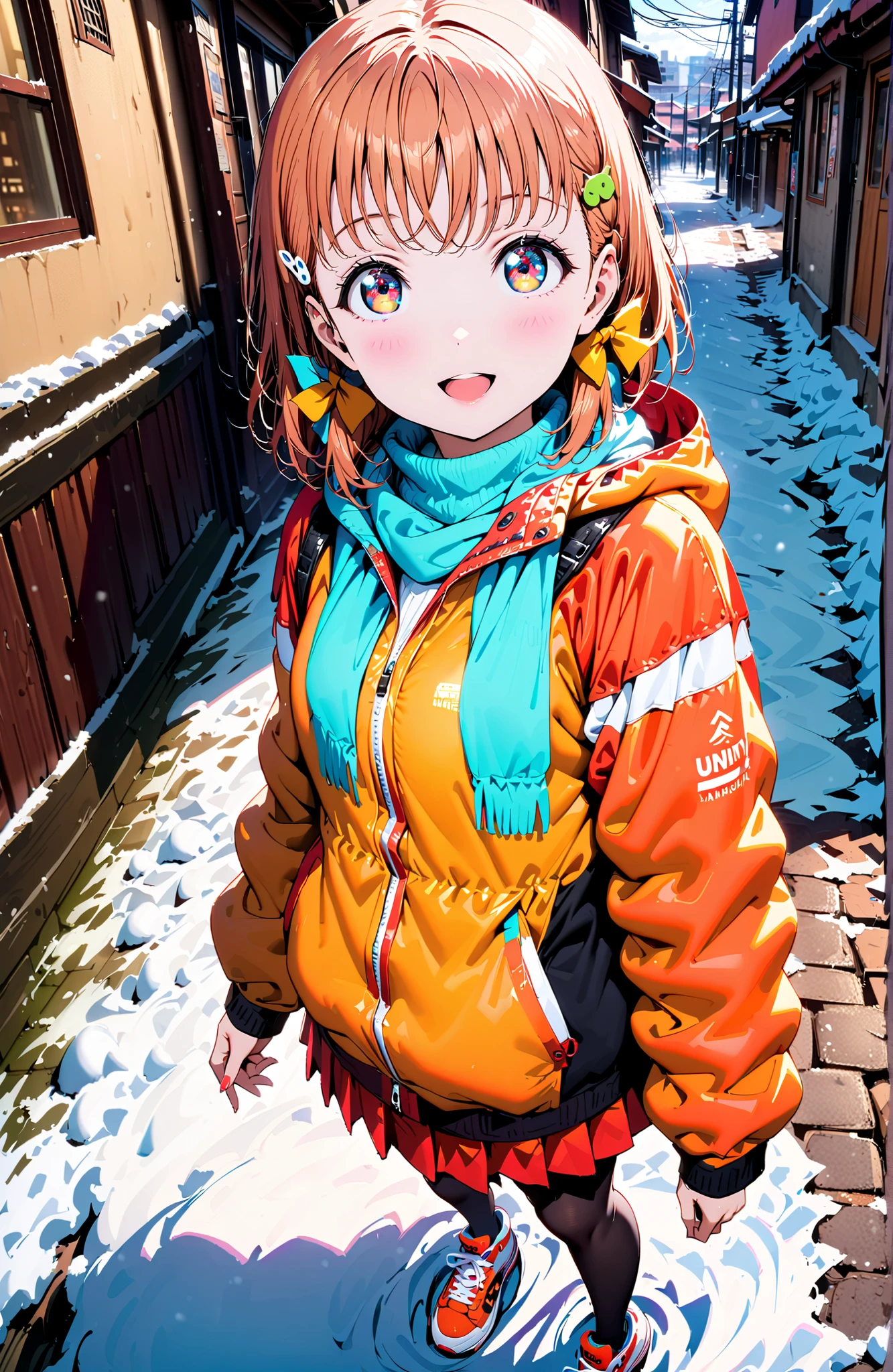 Takami Chika, short hair, Hair Ornament, Red Eyes, stupid hair, smile,blush,open your mouth,half up do,glasses,down jacket with hood,Light blue scarf,turtleneck sweater,orange skirt,Black Pantyhose,sneakers,,snow,winter, Beautiful Streetscapes,evening,is standing,full bodyがイラストに入るように,break outdoors, residential area,
break looking at viewer,full body,
break (masterpiece:1.2),top quality ,Kampala,unity 8k 壁紙,(shape:0.8),( fine, beautiful eyes :1.6),It's a person ,full body写真,CG Details , (perfect hand,Complete Anatomy),