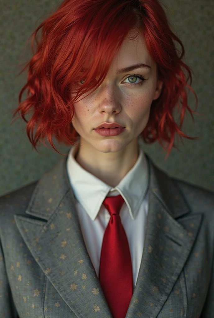 Woman in her twenties who has short Red hair except for a part of it that is longer and covers her right eye. She has red eyes (though only one is visible) and yellow eyebrows (again, only one is visible). She is in a steel colored suit with a red tie