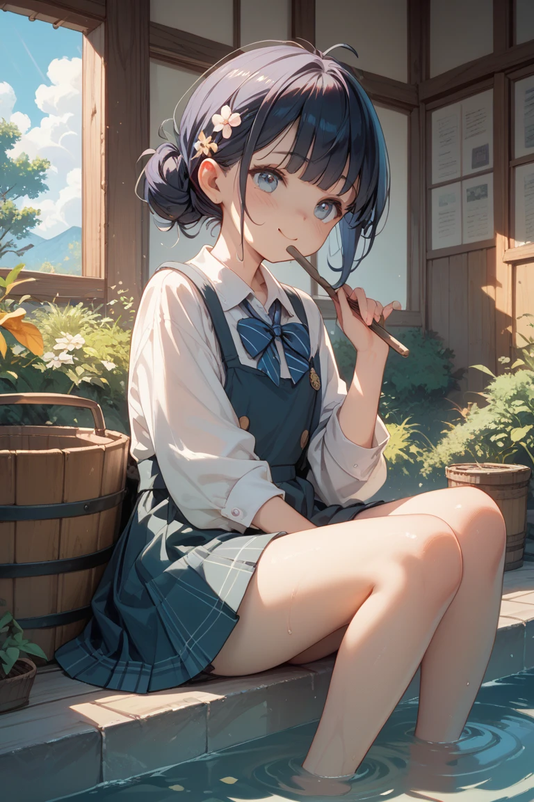 (masterpiece, best quality) detailed, 1Character , blue archive art style ,  pastel washed out colors , cell shade , soft, muted shades ,gentle colors ,

Sunny day , sitting on a wooden bench outside , rim light, happy scene , wearing a pleated skirt , eating a popsicle, long socks , Pretty woman , short hair , brown hair , dragon horns , bright green eyes , pointed ears , thin eyebrows , light skin, age 21