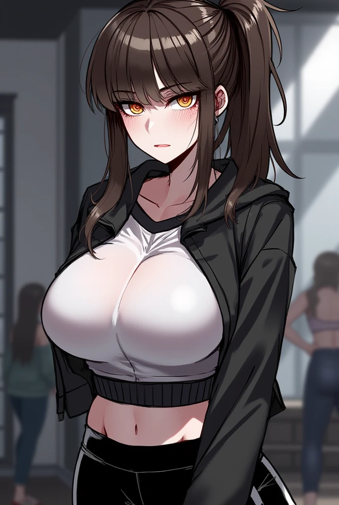 20 year old woman, busty, bubble butt, hourglass figure, skinny, blushing, panicked expression, horny, seductive, brown hair, long hair, bangs, ponytail hair, wearing wearing white sports bra, black yoga pants, choker, sneakers, tight fitting clothing, cleavage, middrift, anime, city at night, outside, punk, punk style, punk hair, doujin style, manga, flat colours, 2d manga, mecha, futuristic tech, straps, zips, buckles