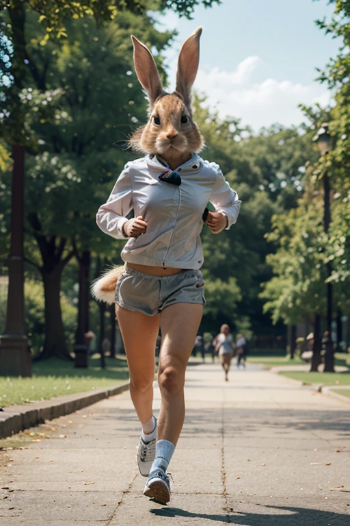 Generate an image of a person dressed as a rabbit chasing another rabbit, in accordance with North Carolina's unusual law. Make the scene comical and unexpected