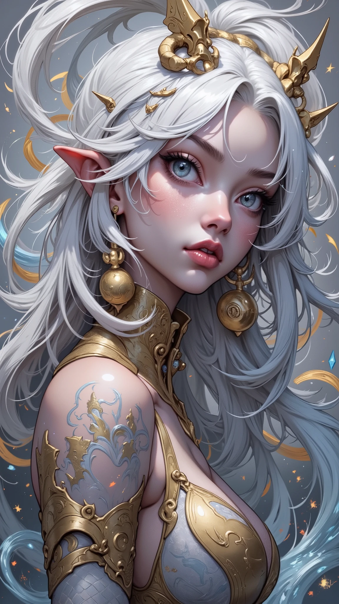 Close-up portrait of a young woman with striking, ethereal beauty. Light-skinned, with a youthful appearance, she possesses striking blue eyes and full, rosy lips. A wistful expression, almost melancholic, graces her face. Her long, flowing white hair, almost translucent, frames her face, creating a halo-like effect. Her attire is a shimmering, golden, ornate, almost metallic, structure that seems to flow along her body, like a sculpted armor overlaid with a sheer, translucent fabric. The gold details catch and reflect light, creating a dynamic interplay of light and shadow. The image uses a soft, diffused light that highlights the character's features, enhancing the dreamlike and surreal quality. A misty, ethereal glow surrounds her, with golden sparks and shimmering, icy textures radiating out, blending into a soft gray-white background. Composition is centered on the woman, emphasizing her face and emotional expression. The background, diffused and out of focus, enhances the subject. The style is contemporary fantasy art, imbued with a delicate mood of mystery and wonder. The overall atmosphere is serene, dreamy, and evocative of a mythical being. The vibrant details and the interplay of light and shadow create a visually rich and captivating image.
