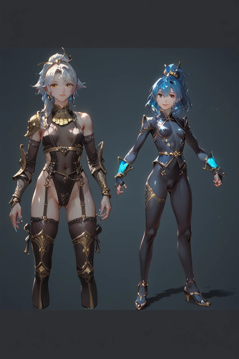 (Masterpiece, best quality, official art), a group of four different poses of a woman with blue hair, detailed full body concept, full color concept art, concept art character sheet, adoptable character, reference model sheet, full body concept, Concept character sheet, character cheat sheet, cyan and gold scheme, spiritual fantasy concept art, Human Hybrid Djinn, complex fantasy character, cheat sheet, blue skinned elf.
