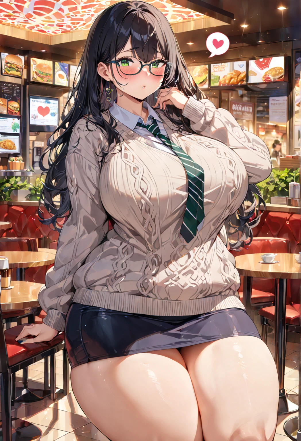 ((Masterpiece)), perfect anatomy, perfect shading, field of depth, (best quality), extremely delicate and beautiful, perfect lighting, detailed face, ultra cute face, cute, ((1girl)), ((solo))
long fluffy black hair, glasses, green eyes, ((blush)), nervous, looking at viewer, sweater, short skirt, medium breasts, ((thick thighs)), (wide hips), ((plump)),
intricate background, detailed background, fast food restaurant,