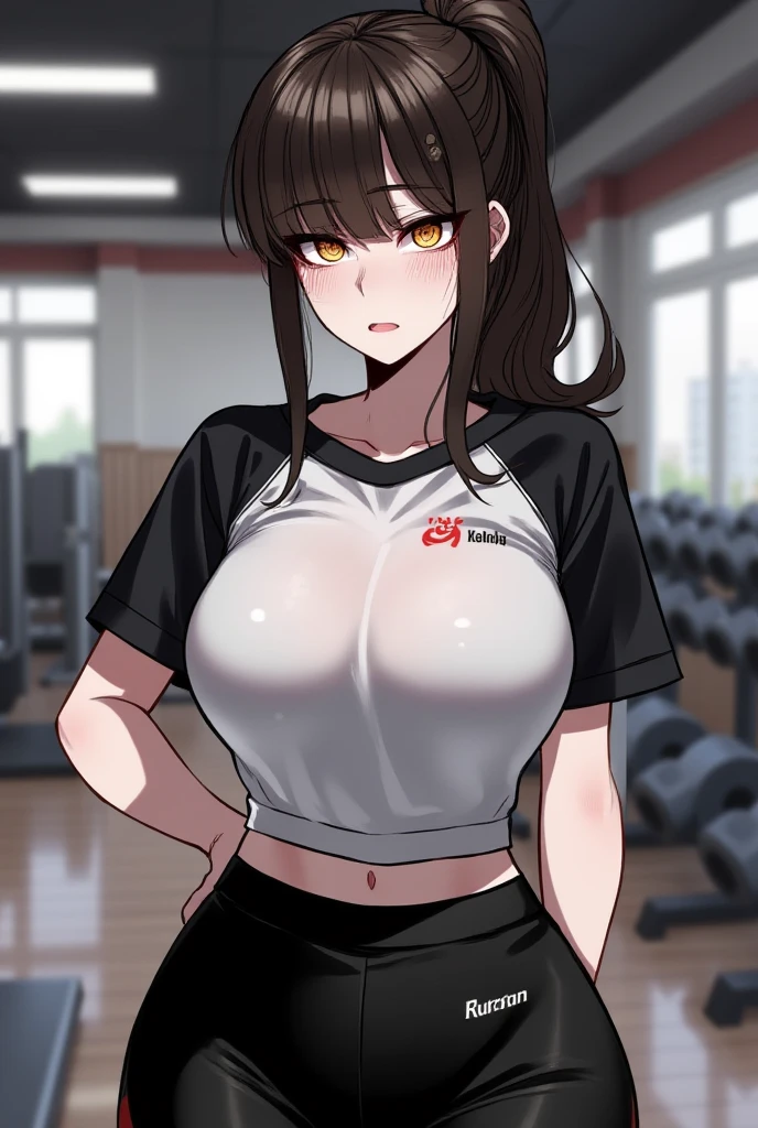 masterpiece), gym, in gym,  best quality, expressive eyes, perfect face, Best quality, black hair,  side ponytail, sweating, sweaty, big , gym,  pouting , black gym outfit, dark school outfit , red eyes, curvy women, short woman, tan skin,pouting, angry, anoyed, in gym , black shirt, black shorts,cute,sitting on exerciseachine, exercise machines, exercise machines, sitting on exercise machines , lifting, lifting weights, humongous breasts, sweating