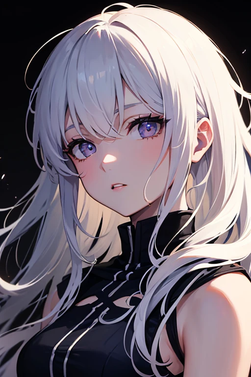 Make an albino woman, beautiful and korean, do it with black eyes, clear and beautiful, make her wear a white coat with a black top, and make her suck