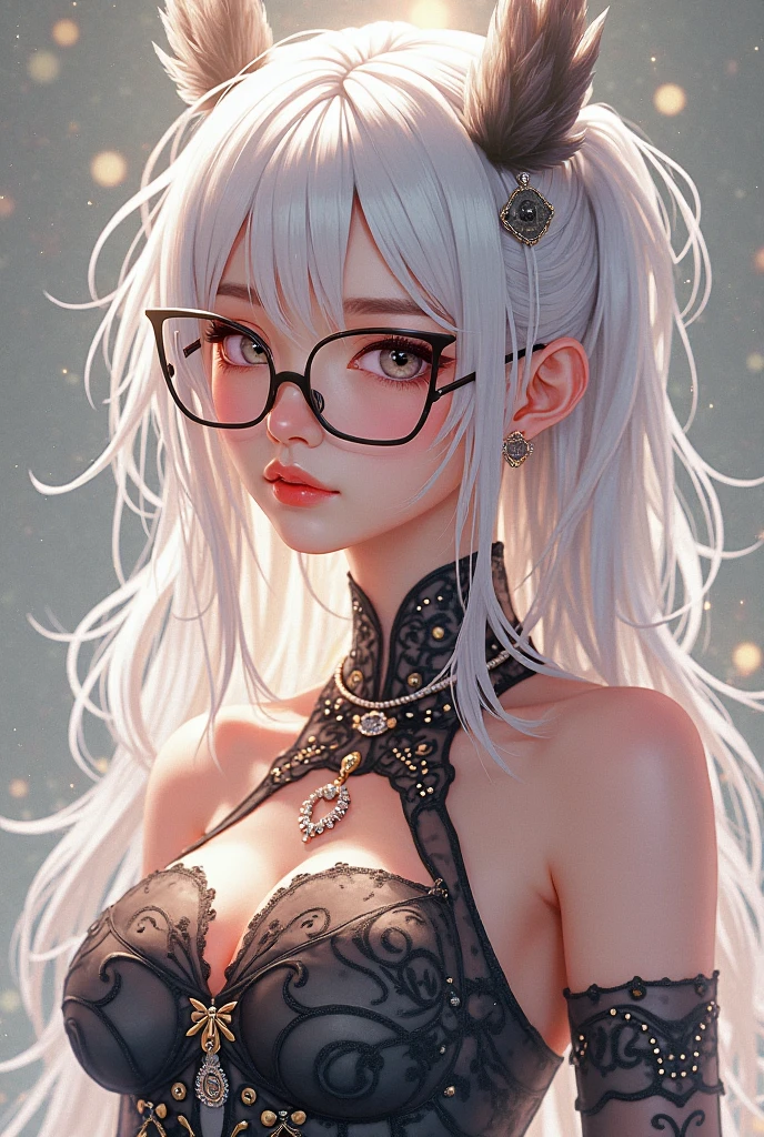 a girl wearing whitehanfu, in the style of light gold and white, 8k uhd, glasses, jewelry, flower, earrings, white hair, hair ornament, white flower, long hair, bangs, yellow eyes, round eyewear, hanfu, masterpiece artcore, pt555189, close-up shot, cool-toned sterile colors, soft focus, b-horror film screencap