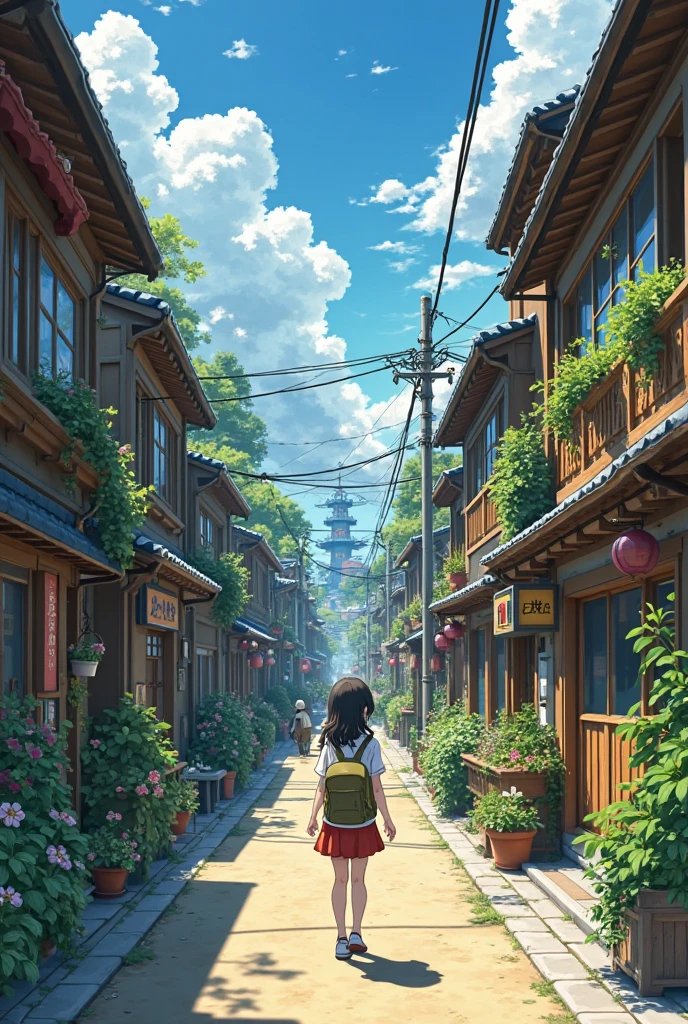 "A cinematic anime-style street scene in a cozy, vertically-stacked wooden village with small traditional houses and overhanging balconies. Lush greenery, hanging power lines, and flower pots scattered across balconies and walkways. A young girl with a backpack, seen from behind, walks down a sunlit alleyway lined with small shops and wooden details. Another traveler walks ahead in the distance. The sky above is filled with puffy clouds and distant futuristic towers linked by suspended bridges. Warm sunlight filters through, casting soft shadows. Detailed environment, whimsical architecture, Studio Ghibli vibes, ultra-detailed, anime realism."
