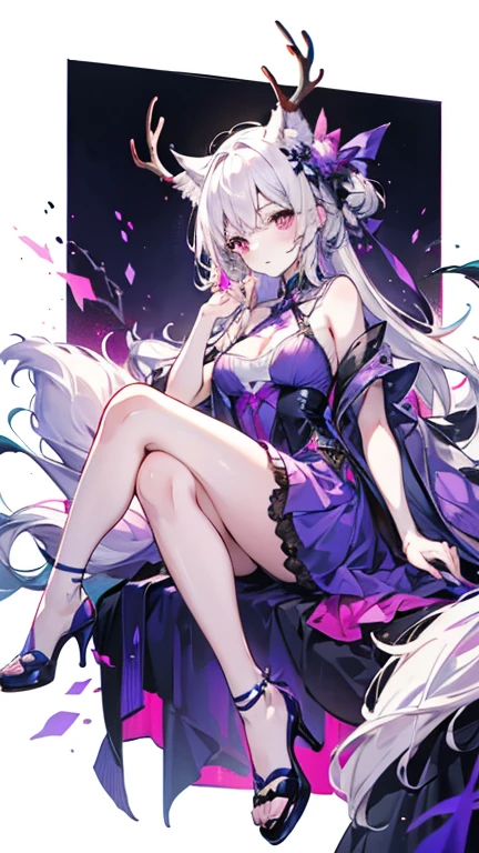 Silver Hair，crystal hair, Butterfly，Long white hair，8k wallpaper，Detailed background，Maximum resolution，Hair covers one eye，Drawcord，Chies，purple Rose，Tight Fit，高筒Socks，Socks