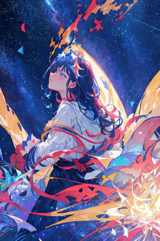 (​masterpiece、top-quality、Official art:1.2)、Look at viewers、(Little Girl))、（Bunny girl&#39;s colored hair without clothes）（Blowing in the wind，go through a gust of wind），star island、watering group），floating colorful starry sky、(2D:1.5)