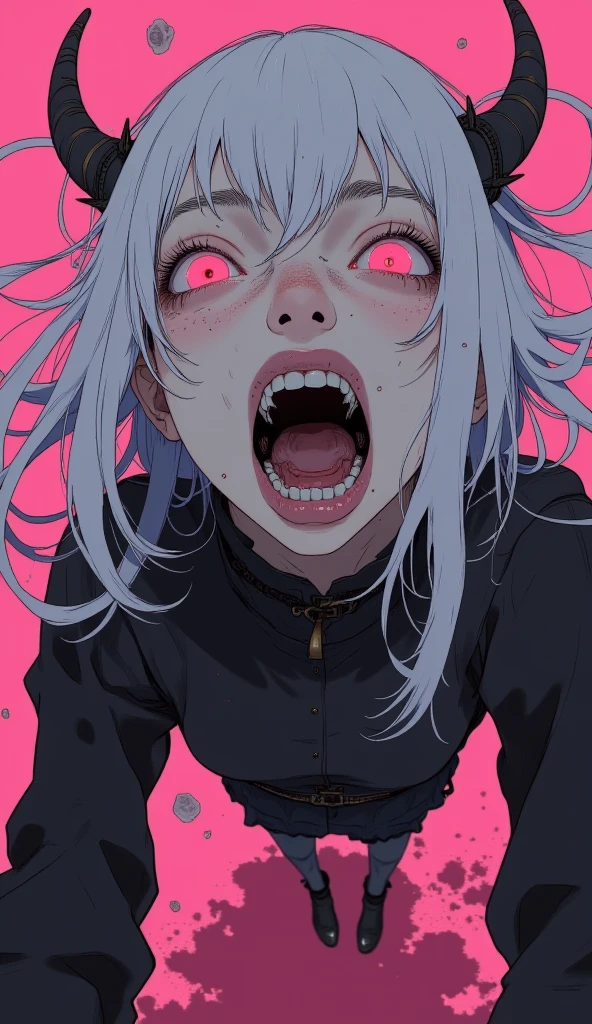 scene:0.9, (Masterpiece), Best Quality, (((ultra detailed, 8k quality))), looking at the viewer, (pink hair, side explosion, Expressive red eyes:0.7, ojos rbright Eyes), (depth perception:0.7, black background,), ((torso)), ((centered)), bright Eyes, ((seductive eye, SMILE, close up, neck choker, ((sfw)), oversized black jacket, facial focus, (clenched teeth), (devious SMILE, devious eyes), shadowed face, evening, Dark, Women, High contrast colors, blood on the face