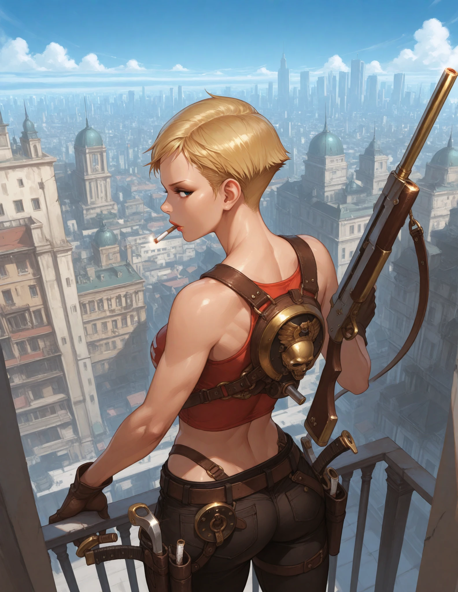 1 girl,macho,tall,weapons,golden hair,very short hair, old cityscape ,blue sky,tobacco