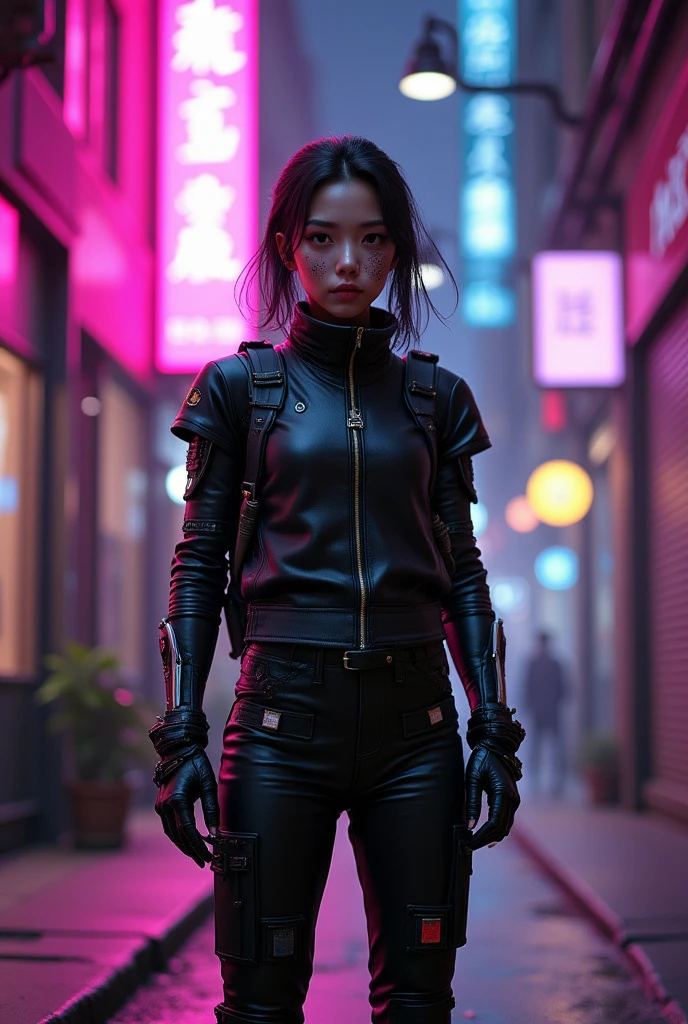 a portrait of cyberpunk character, with mechanic arms, some electronics on face, wearing black vest and black pilot spacesuit under, stand up in a empty cyberpunk alley with pink soft neon light, depth of field, cinematic, futuristic