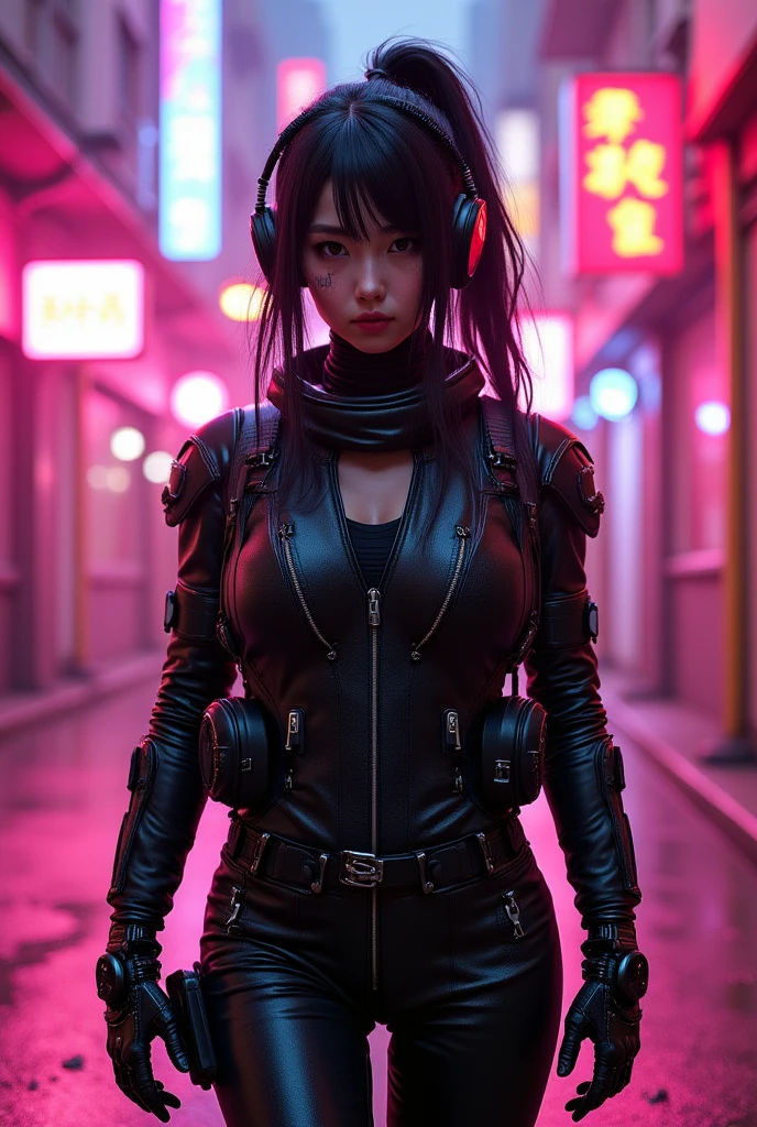 a portrait of cyberpunk character, with mechanic arms, some electronics on face, wearing black vest and black pilot spacesuit under, stand up in a empty cyberpunk alley with pink soft neon light, depth of field, cinematic, futuristic