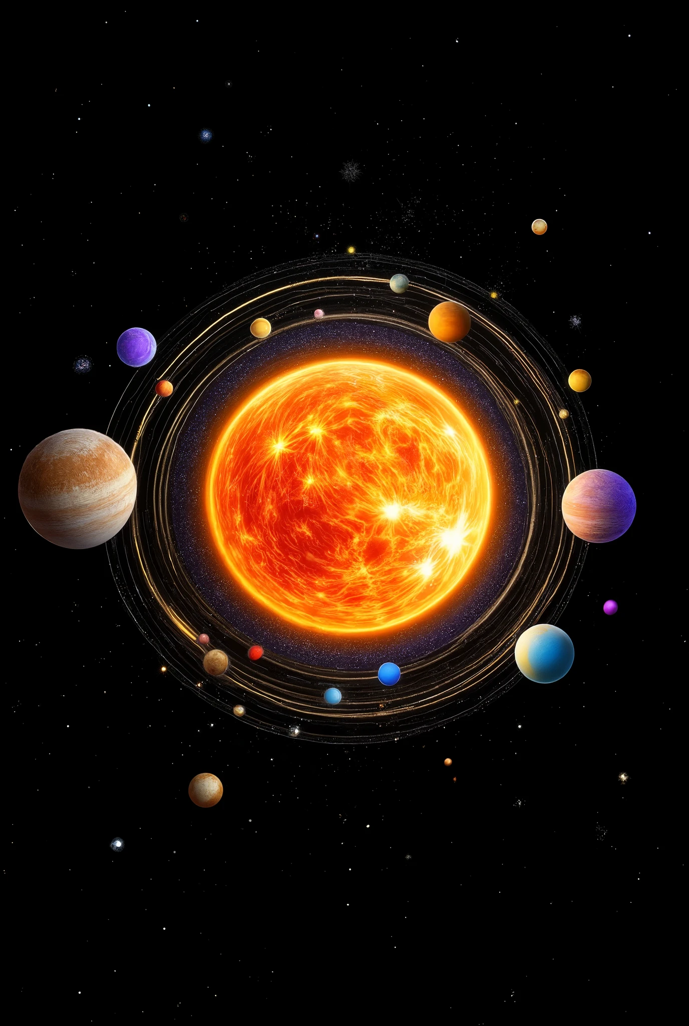 A detailed visualization of the miniature Solar System, represented by nine planets on thin wires, as if suspended in outer space. Each planet is unique in size, color and texture of the surface: from the blazing orange-red Sun to the icy ice blue and purple gas giants, with visible rings of cosmic dust. Wire orbits, The thin and brilliant, like silver threads, radiate soft light, in contrast staring with the deep black of space, dotted with billions of twinkling stars. stardust, depicted as thin, sparkling mist, enveils planets, system creating a sense of depth and the infinity of space. Composition – top view, full of wonders, emphasizing the reduced scale of the. Color palette — rich, bright colors of the planets, contrasting with the deep, with a cold black background and the flickering of stars. Style is hyperrealistic, with elements of science fiction, evoking a sense of wonder and awe. Lighting — soft, scattered, emphasizing the details of the planetary surface and the texture of cosmic dust. Scale — miniature, with an emphasis on the elegance and fragility of the cosmic balance. Atmosphere - calm, mesmerizing, evoking admiration and respect for the greatness of space. The artistic style is a combination of photorealism and surrealism.