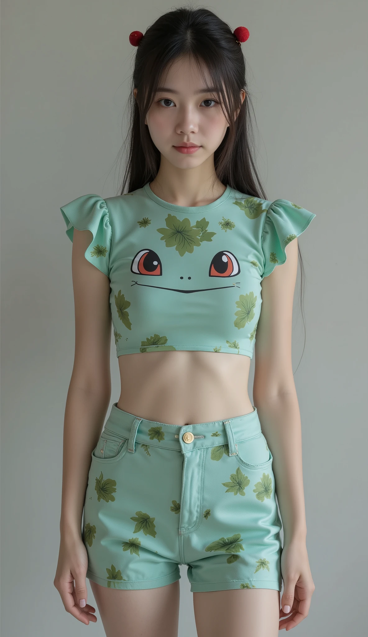 Solo, 8k, photoshoot, perfect body, perfect skin, slim body, flawless, glowing skin, beautiful face, natural makeup, super realistic, High Resolution, Masterpiece, Anatomically Correct, Best Quality, High Details, HD, High Quality, Super Detailed, 19 years old girl with fitted crop top featuring an bulbasaur anime-style design that portrays an expressive face, short skirt