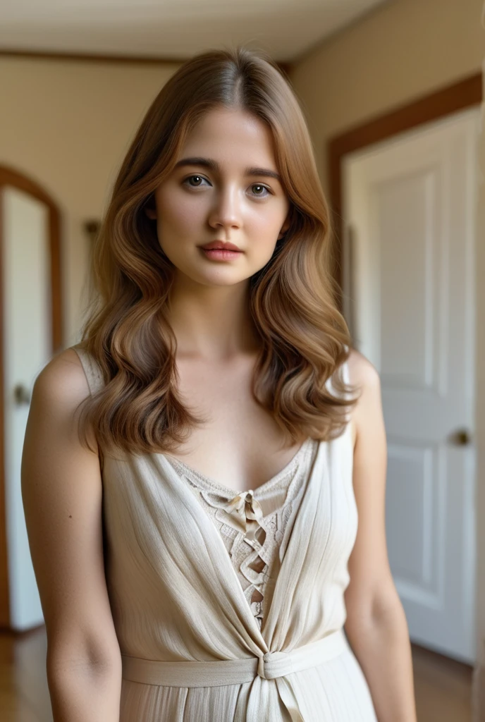There is a red-haired woman with big earrings looking at the camera., con ojos cafe claro, usar aretes ornamentados, Young brown hair, Retrato Sophie Mudd, Cara sonriente de modelo, Cabello rojo y rasgos atractivos, una joven pelirroja, Pendientes enormes y maquillaje queer, Mujer pelirroja, Cuerpo completo, con mejillas redondas, Rostro de mujer joven, pendientes largos, cuerpo completo, blusa blanca, short celestes semitransparente, ombligo descubierto