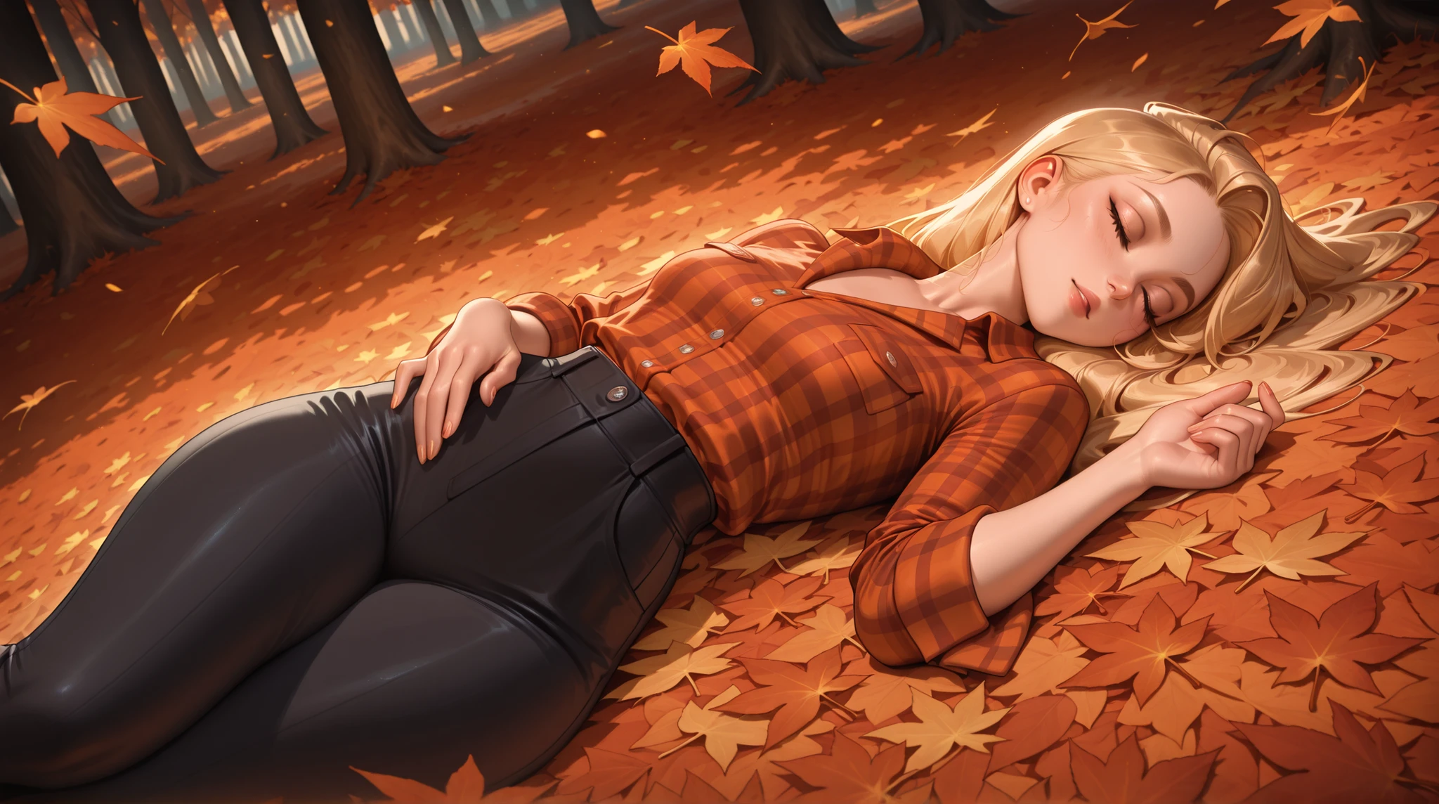 (TangoBat:0.7),(Sakimichan:0.7), A young woman with long, golden blonde hair, lying down in a soft, autumnal scene, wearing a red-orange plaid shirt and dark-colored pants, her eyes closed, with fallen maple leaves surrounding her; the image is in vibrant, anime-style, detailed rendering, and the light is warm and golden. ,masterpiece, best quality,absurdres 