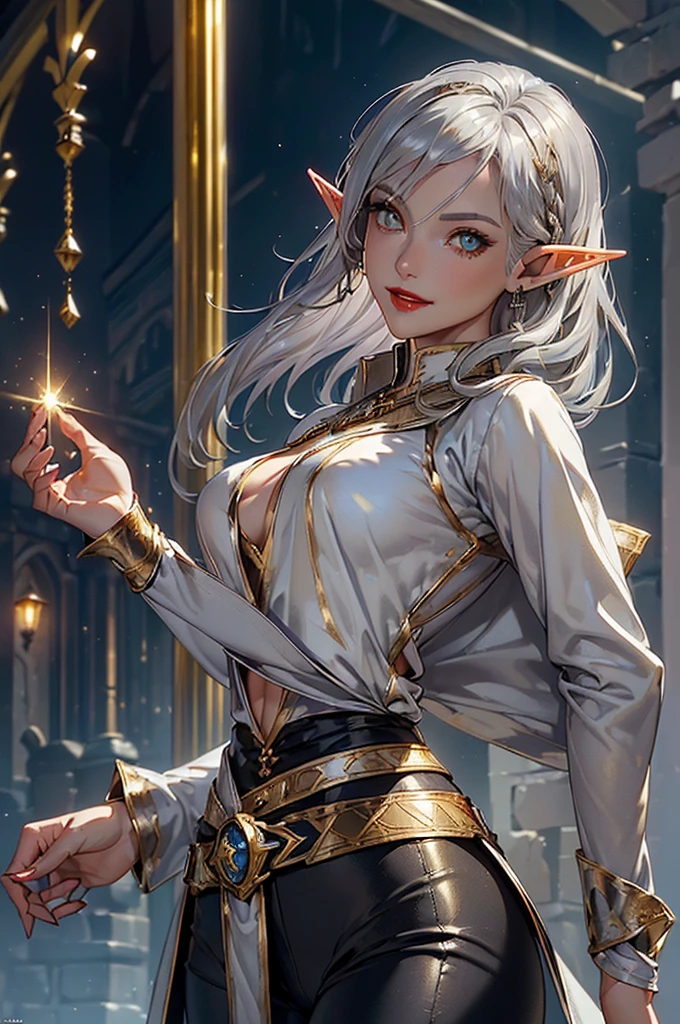 (Masterpiece quality), (ultra 4k quality), (large beautiful golden eyes), (((high facial definition))), (((face well illuminated))), (((beautiful elegant pose))), (((happy ecstatic smile))), (((beautiful face))), (((full red lips))), (((viewed from front and below))), (cinematic lightning), (((smooth body lines))), (((NORMAL ANATOMY))), (((slim feminine build)), (((a beautiful lone elf girl))), (((she is wearing black pants fitted with silver trim and a matching black undershirt with a short black bolero jacket over the top))), (((no bare skin))), (((she has short silver hair))), (((she is standing alone in a medieval village))), (((slender hips))), (((she has silver ear cuffs and a silver necklace in the shape of a dragon talon))), (((she is wearing a thin leather belt))), (((medieval themed fantasy clothes))), (((Gold eye color))), (((silver hair color))),  (((fully clothed)))