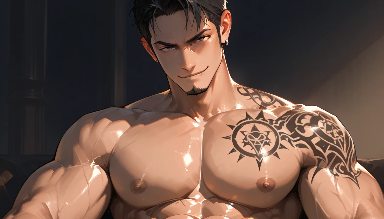 Sexy anime dad, short dark blue hair, muscular, naked, wearing black thong, big pecs, tattoos, serious, abs, frowning, erect cock