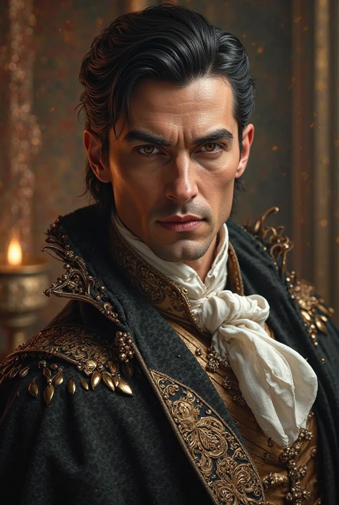 create a  guy with his black hair slicked back and his dark eyebrows and his hunter brown eyes. also wear him something fansy more royalish