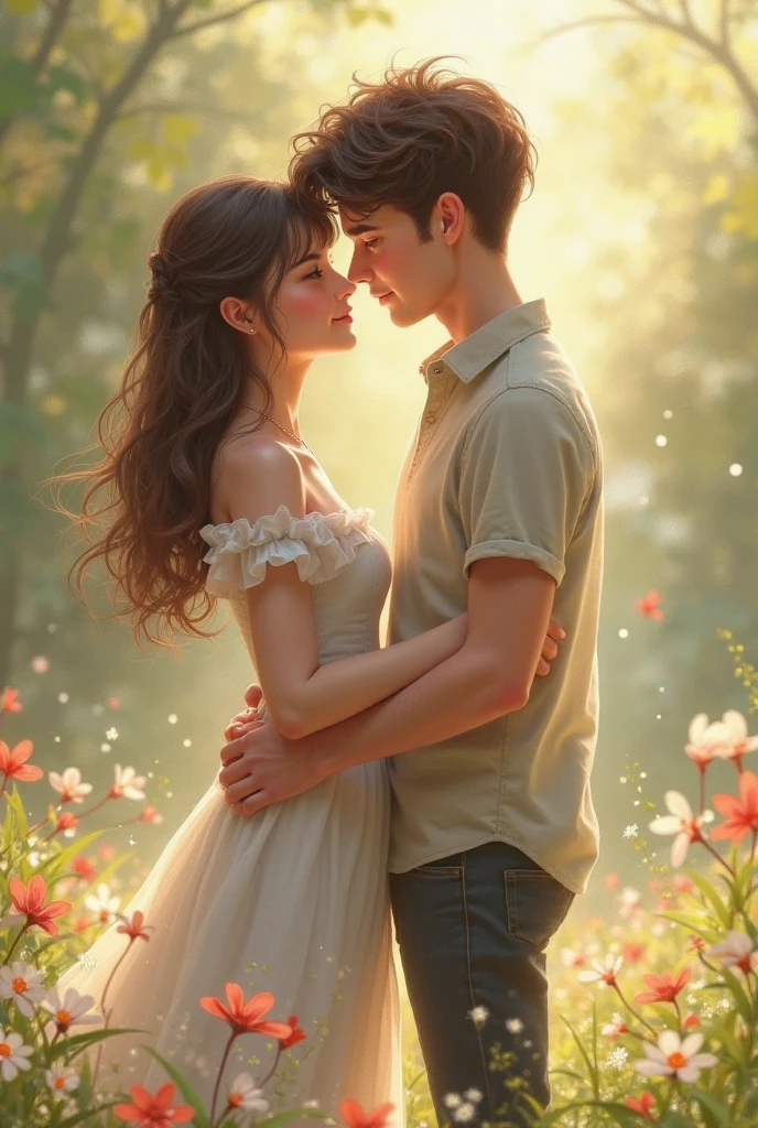Create an image of two teenagers in love. Let the girl be of medium build., Dark brown hair and brunette that is wearing a blue and gray dress boy and girl that she is more brunette