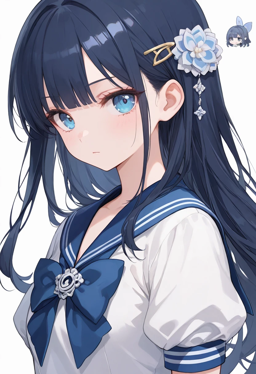ultra-detailed,(best quality),((masterpiece)),(highres),original,extremely, 1girl, chibi-style anime illustration, long hair, bangs, hair ornament, flower ornament, expressionless, blue eyes, looking at viewer, dark blue hair, sailor suit, Light color, SD character, simple background, white background, Super Deformed character,solo,simple illustrate,