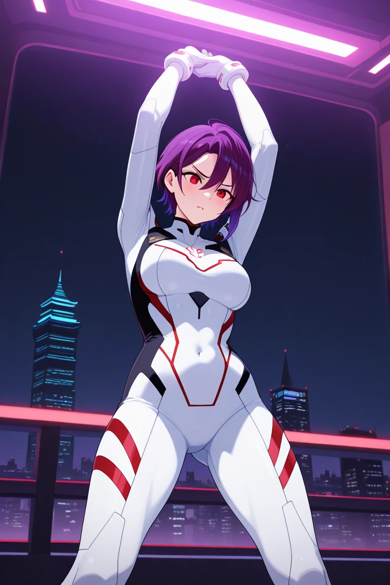 (masterpiece, best quality, 8k, sharp focus, depth of field, best shadows, perfect lights, HDR, realistic skin texture, hyper detailed background), Anime style, Long Angle Shot, ((CYBERPUNK THEME)), solo, 1 woman, she is a mercenary, (green eyes, white skin, black hair with ponytail, choker, small breasts, slim, makeup, Eyeliner, gloss), she is doing a job on a futuristic korean city, holding a Tech-katana with a strong grip, night, sky, waning moon, wearing a nice tech-jacket and leather pants.