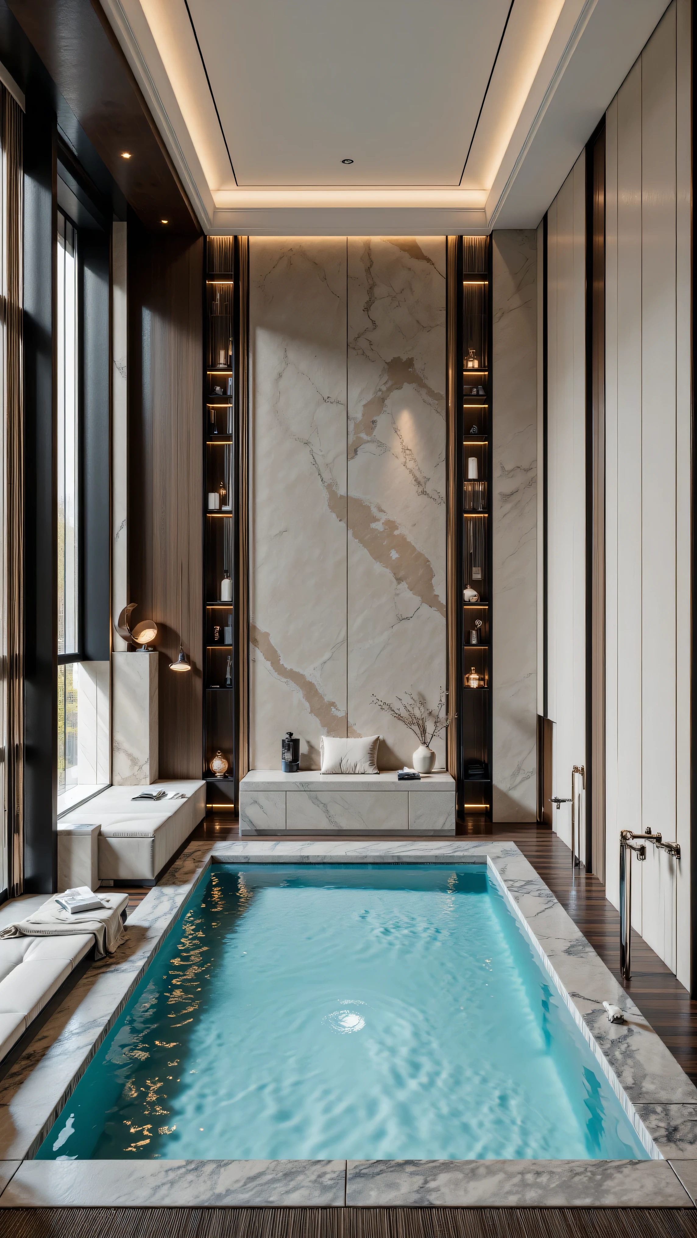 4K,8K,Studio Quality,Chinese Penthouse,Swimming Pool inside Penthouse, Inside China Highclass Penthouse Tower Room with Swimming Pool,Make the Water Pool Realistic, make the photo realistic, vibes color with black and white, Billionaire Vibes Room,Full Furnitured, Detailed.