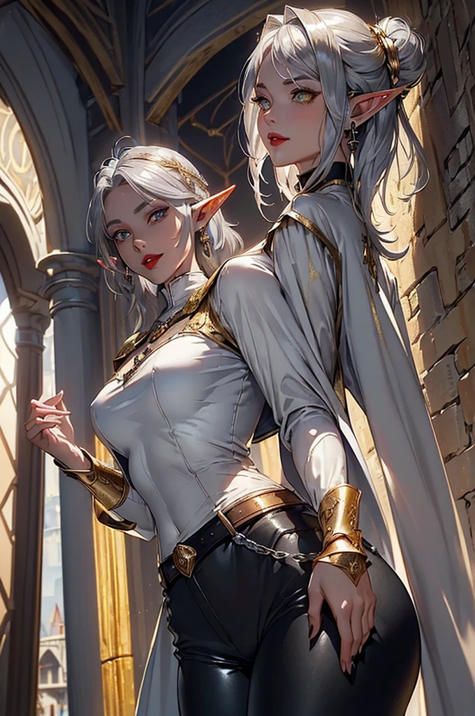 mature female elf, full body, long white hair, pointed ears, white skin, red eyes, confident expression, full plate adorned armor.
