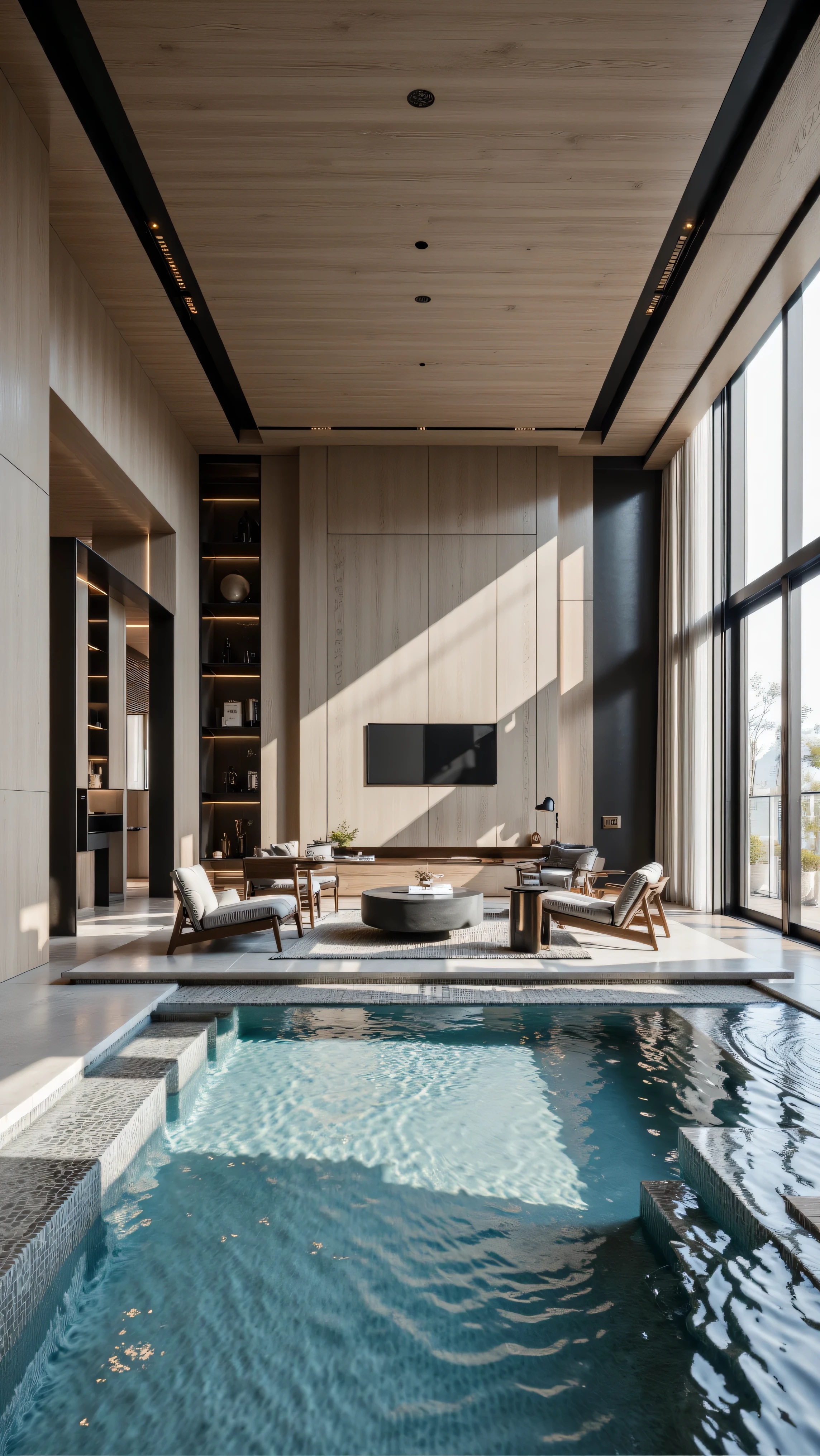 4K,8K,Studio Quality,Chinese Penthouse,Swimming Pool inside Penthouse, Inside China Highclass Penthouse Tower Room with Swimming Pool,Make the Water Pool Realistic, make the photo realistic, vibes color with black and white, Billionaire Vibes Room,Full Furnitured, Detailed. 