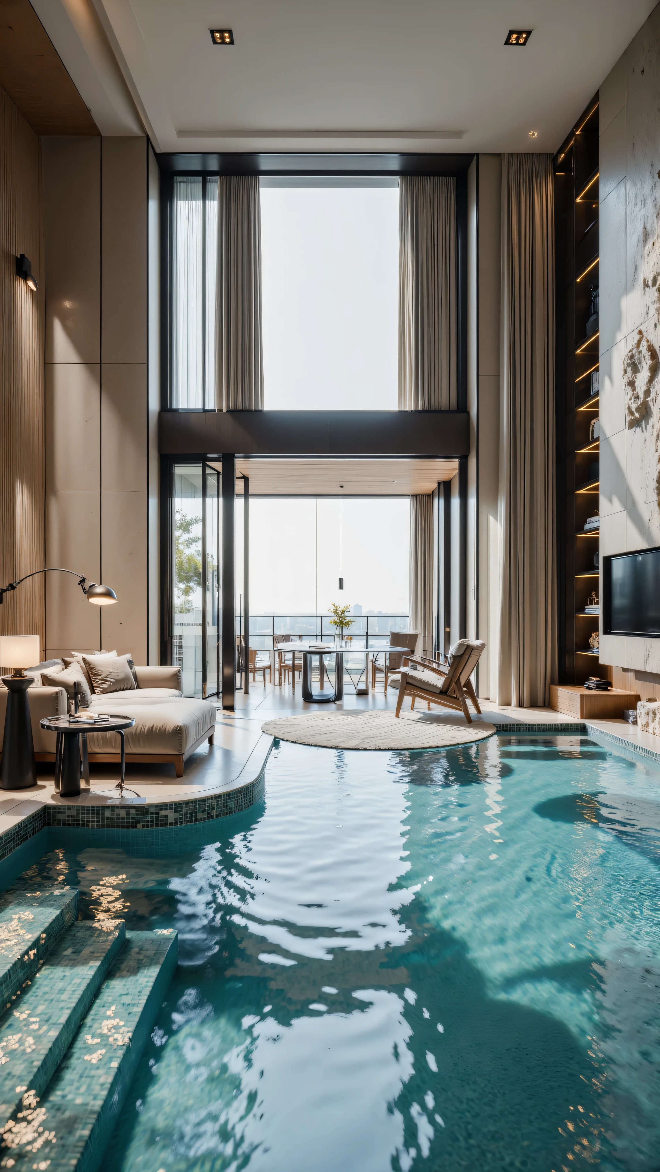 4K,8K,Studio Quality,Chinese Penthouse,Swimming Pool inside Penthouse, Inside China Highclass Penthouse Tower Room with Swimming Pool,Make the Water Pool Realistic, make the photo realistic, vibes color with black and white, Billionaire Vibes Room,Full Furnitured, Detailed. 